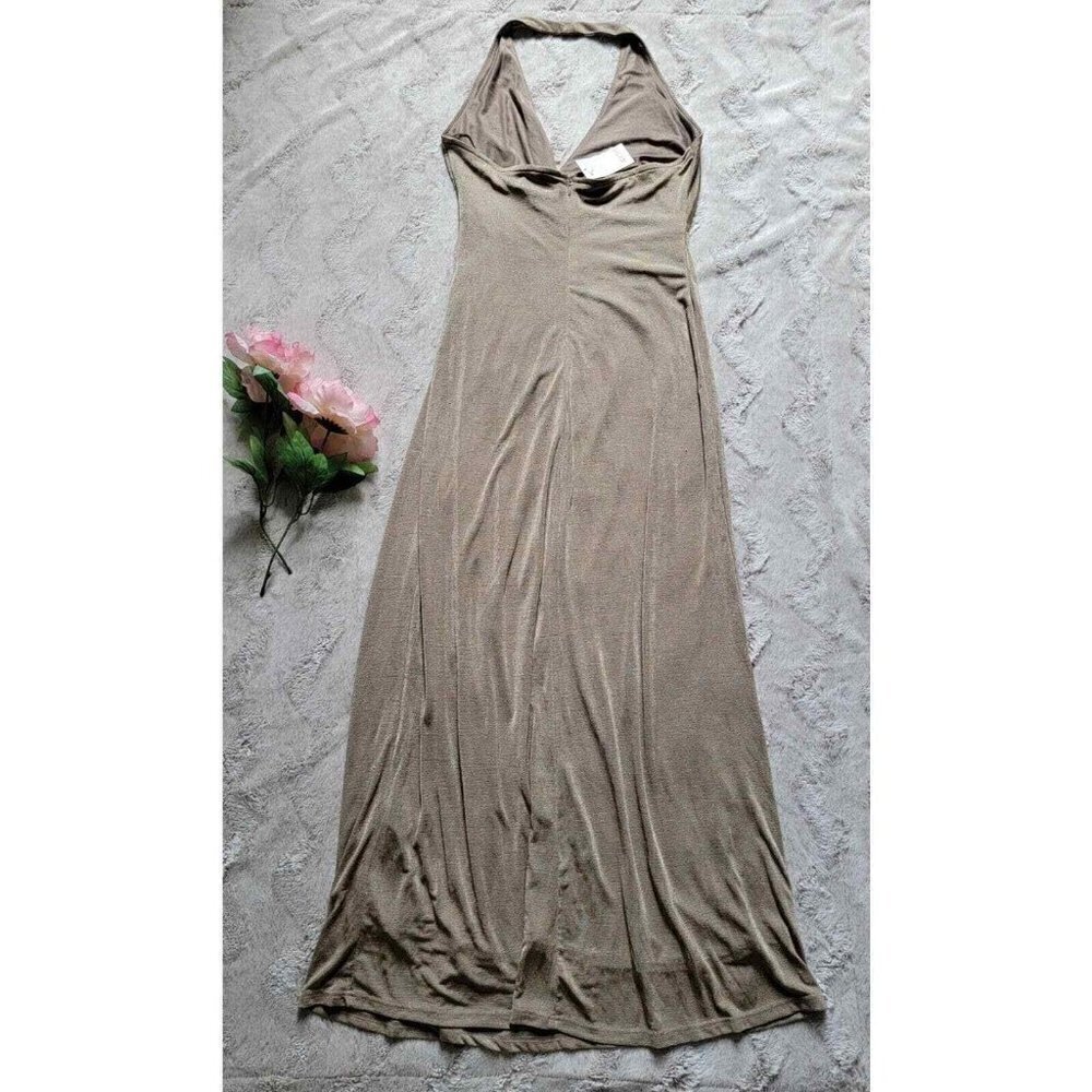 Aeom Metallic Shimmer Bronze Gold Halter Neck Maxi Dress NWT Size L - Picture 7 of 11